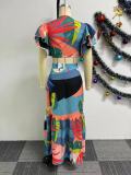 Printed Ruffle Tie Up Patchwork 2 Piece Skirts Set NY-10760