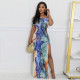 One Shoudler Sexy Split Print Dress YF-10716