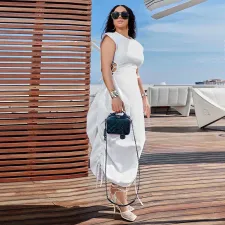 Round Neck Waist-slim Solid Color Long Dress YF-10725