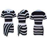 Stripe Color Block Knits Two Piece Skrits Set MDF-5399