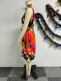Printed Sleeveless Tie Up Small V-Neck Dress NY-10756