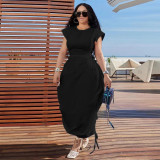Round Neck Waist-slim Solid Color Long Dress YF-10725