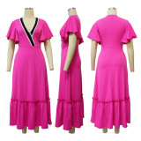 Ruffle Sleeve V-Neck Colorblocking Dress YF-10723