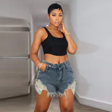 Washed Hole Tassel Denim Shorts WAF-77650