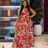 Printed Waist-slim Splicing Big Hem Long Dress NY-10762