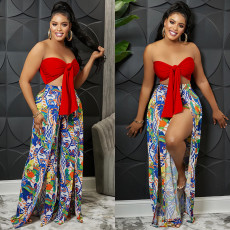 Fashion Wrap Chest And Print Split Pants 2 Piece Set GFYX-5815