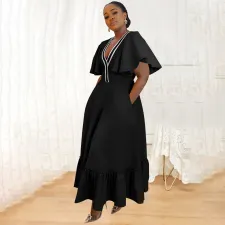 Ruffle Sleeve V-Neck Colorblocking Dress YF-10723