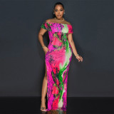 One Shoudler Sexy Split Print Dress YF-10716