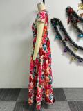 Printed Waist-slim Splicing Big Hem Long Dress NY-10762