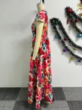Printed Waist-slim Splicing Big Hem Long Dress NY-10762