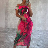 One Shoulder Print Sleeveless Midi Dress NY-10751