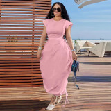 Round Neck Waist-slim Solid Color Long Dress YF-10725