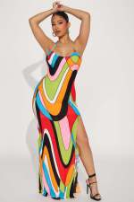 Sexy Halter Rainbow Print Split Dress YD-004