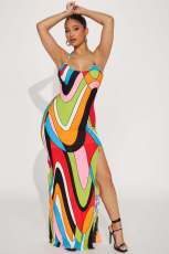 Sexy Halter Rainbow Print Split Dress YD-004