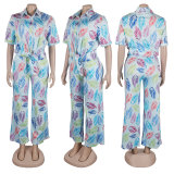 Leaf Print Short Sleeve Shirt Long Pants Set NY-10743