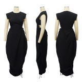 Round Neck Waist-slim Solid Color Long Dress YF-10725