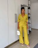 Solid Color Long Sleeve Shirt Pants Two Piece Set QODY-6020