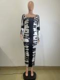Long Sleeve Print U Neck Long Dress QODY-6017