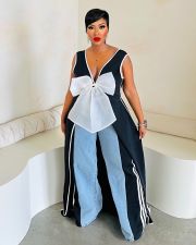 V-Neck Big Bow High Split Long Dress ZSD-0699