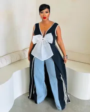 V-Neck Big Bow High Split Long Dress ZSD-0699