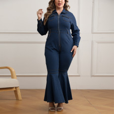 Plus Size Zipper Lapel Flare Jumpsuit GDAM-218330