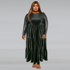 Plus Size PU Round Neck Long Sleeve Cake Dress GDAM-218355