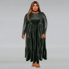 Plus Size PU Round Neck Long Sleeve Cake Dress GDAM-218355