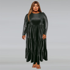 Plus Size PU Round Neck Long Sleeve Cake Dress GDAM-218355