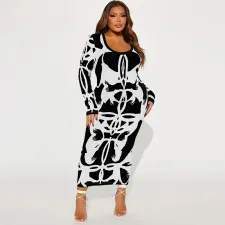 Plus Size Long Sleeve U Neck Long Dress GDAM-218359