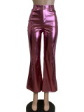 Metallic Glossy Small Flared Leather Pants  QODY-6014