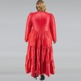 Plus Size PU Round Neck Long Sleeve Cake Dress GDAM-218355