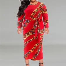 Plus Size Long Sleeve Print Belt Maxi Dress GDAM-218315