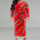 Plus Size Long Sleeve Print Belt Maxi Dress GDAM-218315