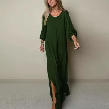 Plus Size Solid Color V Neck Maxi Dress GDAM-015