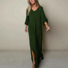 Plus Size Solid Color V Neck Maxi Dress GDAM-015