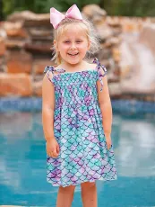 Kids Girls Fish Scale Print Tie Up Sling Midi Dress GYMF-092