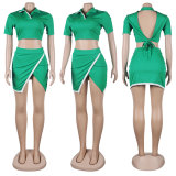 Casual Lapel Tops And Split Skirts 2 Piece Set FSXF-387