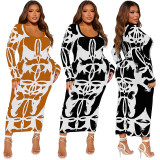 Plus Size Long Sleeve U Neck Long Dress GDAM-218359