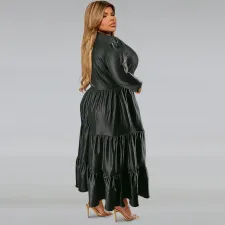 Plus Size PU Round Neck Long Sleeve Cake Dress GDAM-218355