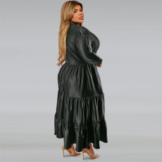 Plus Size PU Round Neck Long Sleeve Cake Dress GDAM-218355