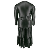 Plus Size PU Round Neck Long Sleeve Cake Dress GDAM-218355
