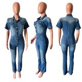 Fashion Single-breasted Short Sleeve Denim Jumpsuit LX-1380