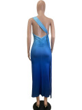 Sleeveless Slant Shoulder Gradient Color Sexy Dress QODY-6028