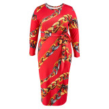 Plus Size Long Sleeve Print Belt Maxi Dress GDAM-218315