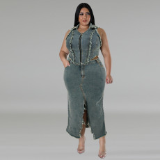 Plus Size Denim Sleeveless Vest Split Skirt 2 Piece Set GDAM-218380
