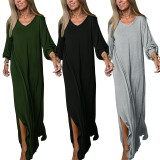 Plus Size Solid Color V Neck Maxi Dress GDAM-015