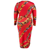 Plus Size Long Sleeve Print Belt Maxi Dress GDAM-218315