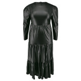 Plus Size PU Round Neck Long Sleeve Cake Dress GDAM-218355
