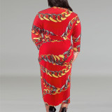 Plus Size Long Sleeve Print Belt Maxi Dress GDAM-218315