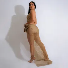 Hot Drill See Through Mesh Split Maxi Dress CYA-901122